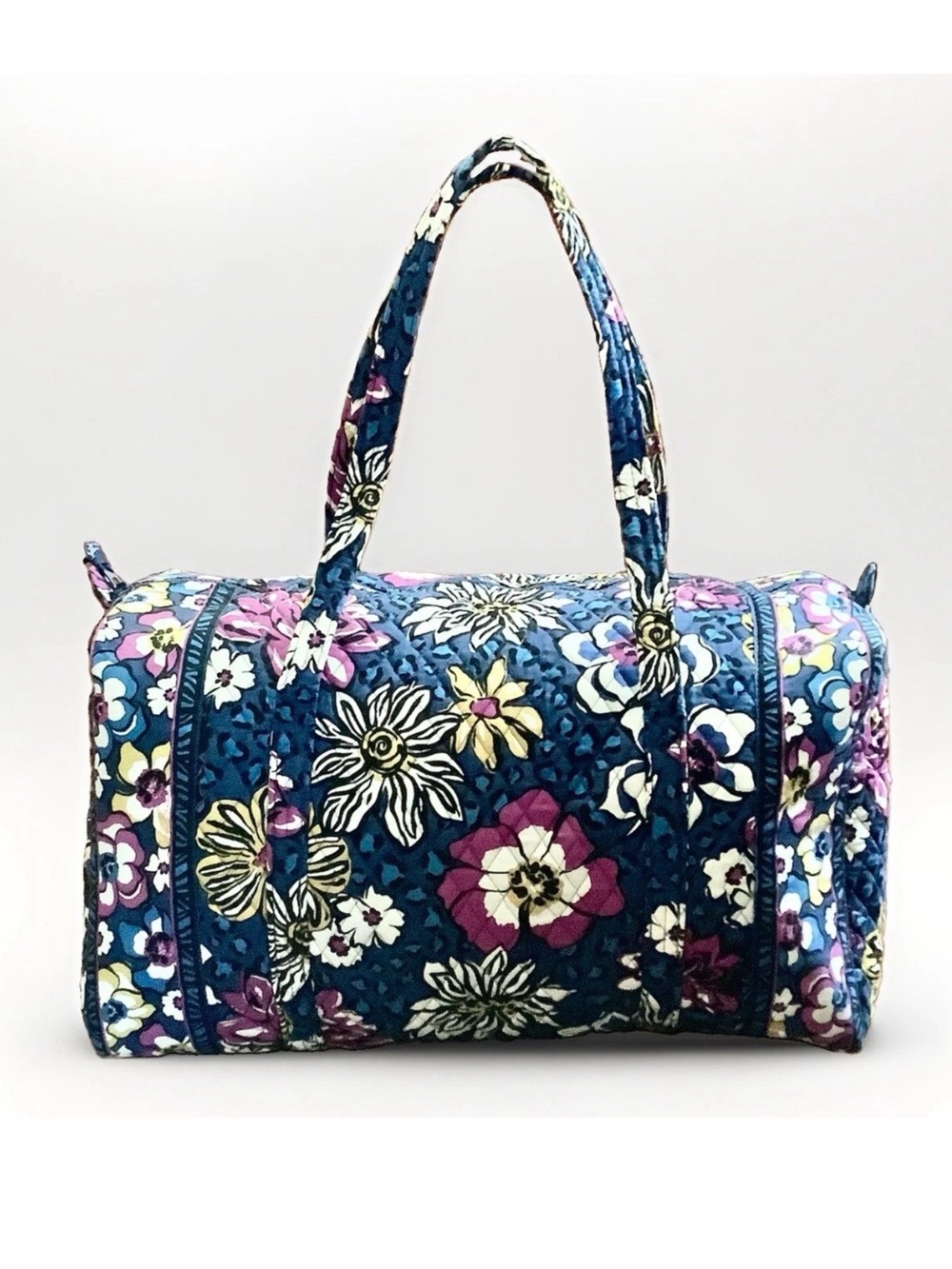 Vera Bradley Blue Floral Quilted Duffel Bag with Pink, White, Yellow Accents